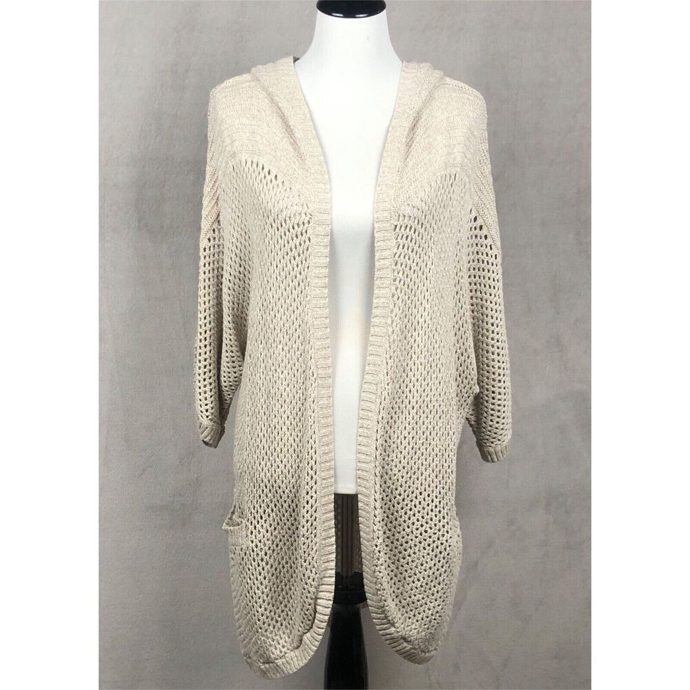 EDDIE BAUER Linen Cotton Open Cardigan Sweater Sz M Oatmeal Knit Pockets‎ Hooded
